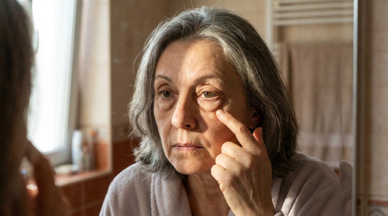 A woman examining her under-eyes
